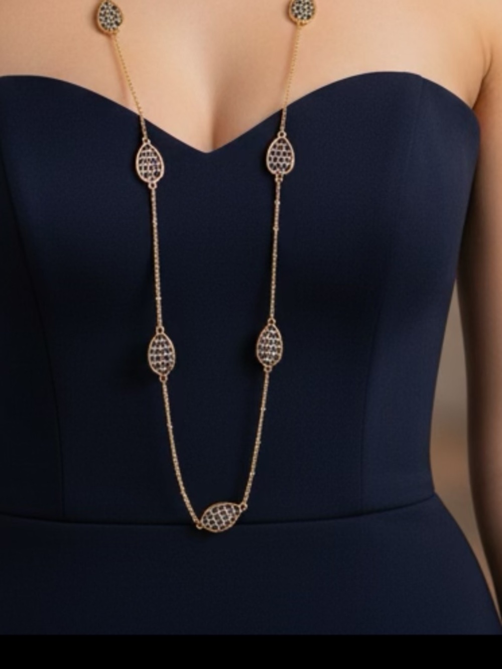 32”  Gold Tone Gray Beaded Crystal Necklace